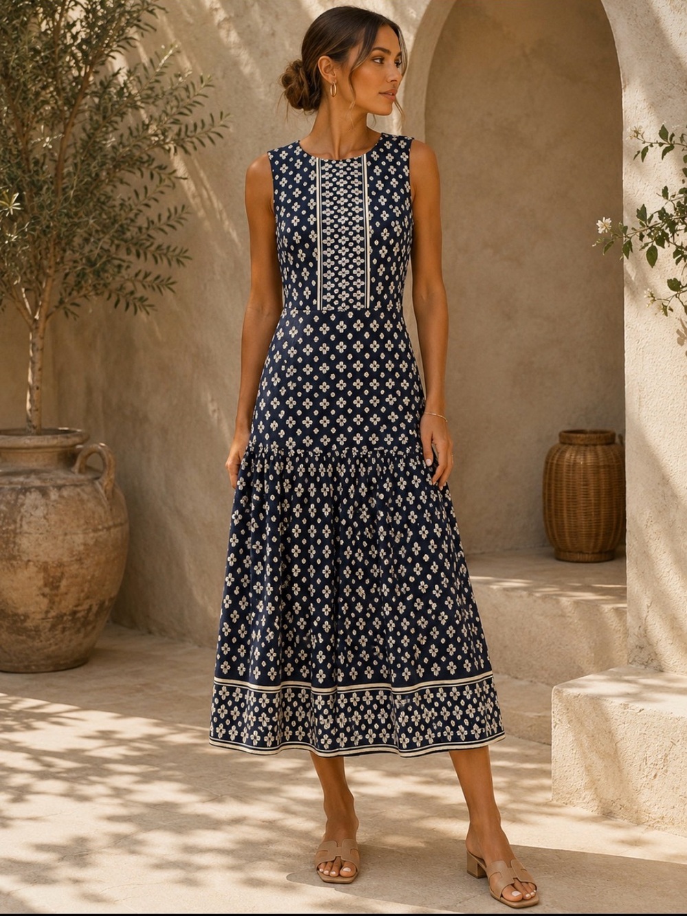 Draper James Silk Floral Drop Waist Midi Dress Navy Ivory Size 4